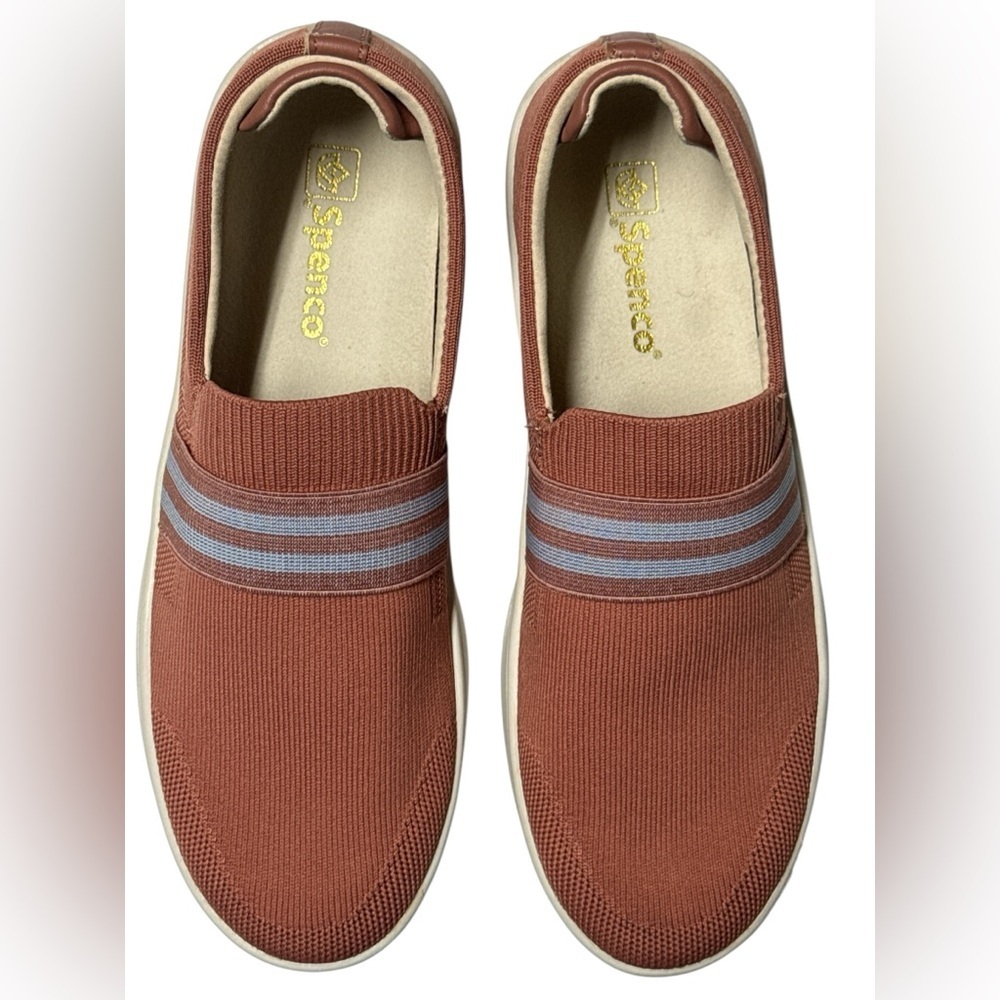 Spenco Women's Saylor Slip-On Sneakers Rust Blue Stripe Saddle 8